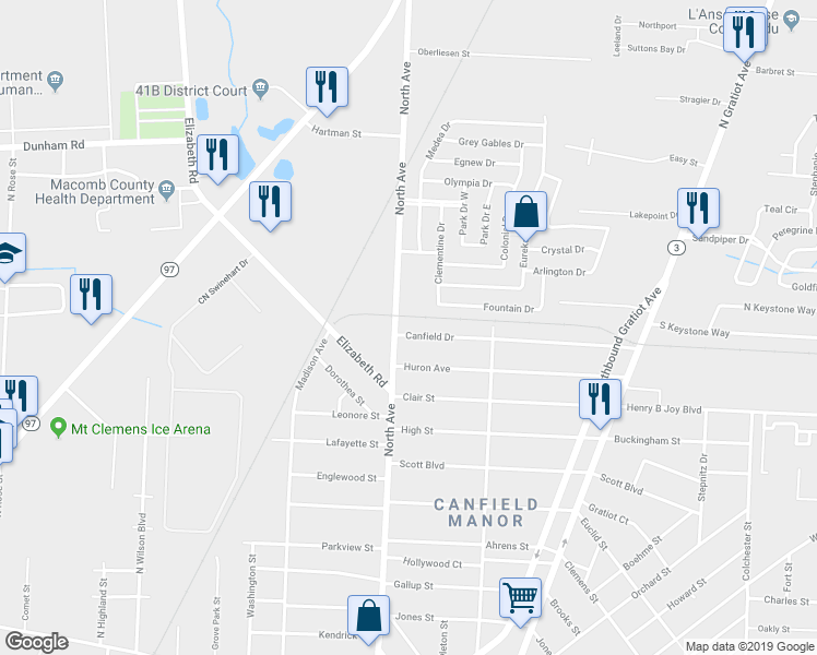 map of restaurants, bars, coffee shops, grocery stores, and more near 322 North Avenue in Mount Clemens