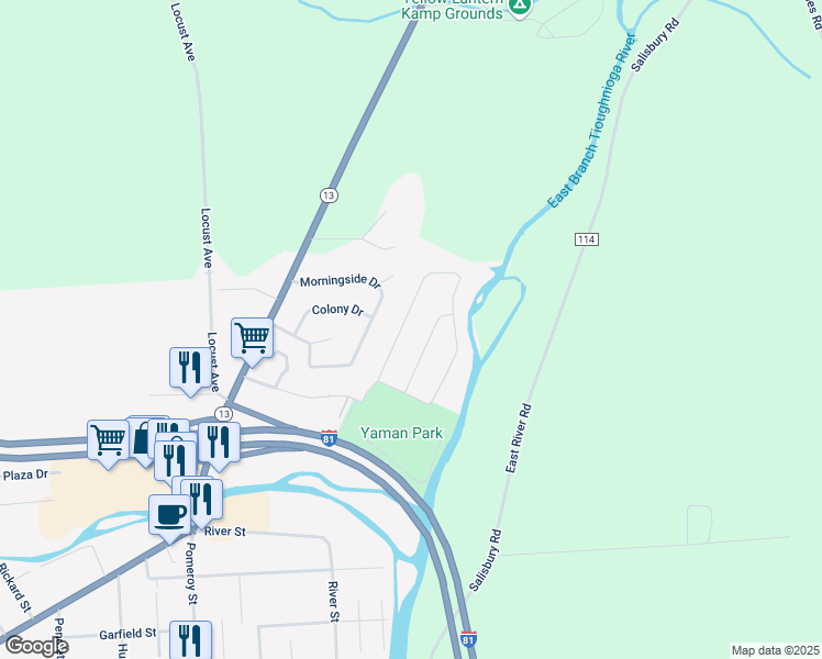 map of restaurants, bars, coffee shops, grocery stores, and more near 10 Hickory Lane in Cortland