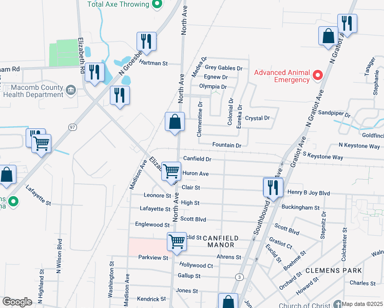 map of restaurants, bars, coffee shops, grocery stores, and more near 133 Canfield Drive in Mount Clemens