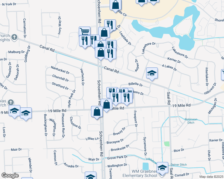 map of restaurants, bars, coffee shops, grocery stores, and more near 43522 Pendleton Circle in Sterling Heights