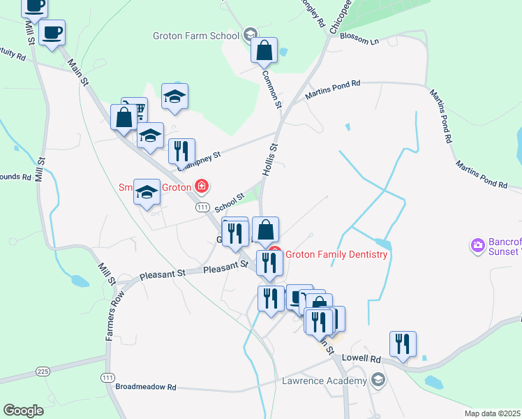 map of restaurants, bars, coffee shops, grocery stores, and more near 44 Hollis Street in Groton