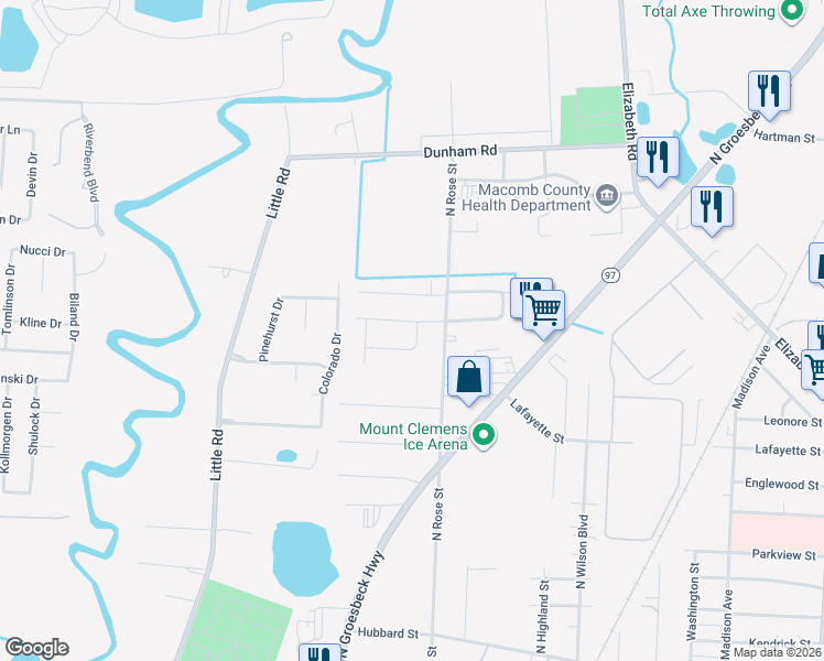 map of restaurants, bars, coffee shops, grocery stores, and more near 120 Parnacott Drive in Mount Clemens