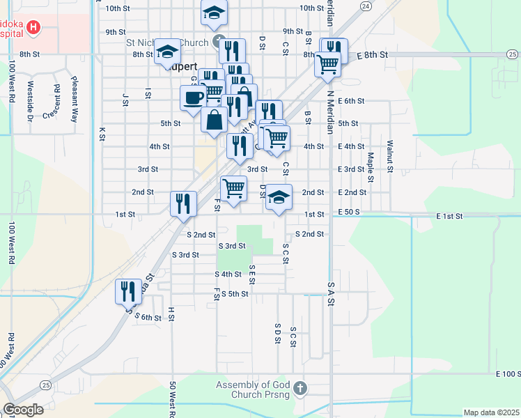 map of restaurants, bars, coffee shops, grocery stores, and more near 419 1st Street in Rupert