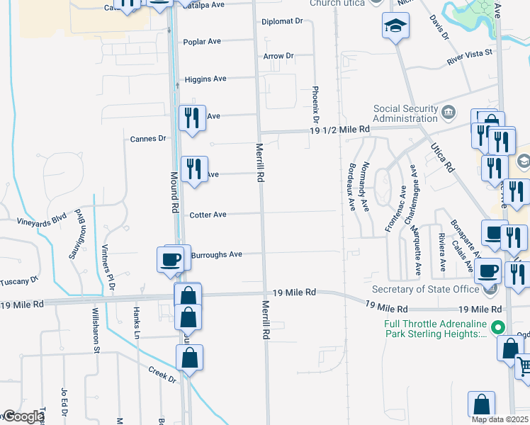 map of restaurants, bars, coffee shops, grocery stores, and more near 43282 Merrill Road in Sterling Heights