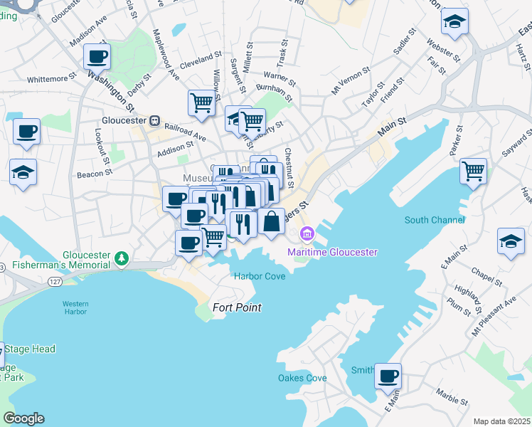 map of restaurants, bars, coffee shops, grocery stores, and more near 68 Rogers Street in Gloucester