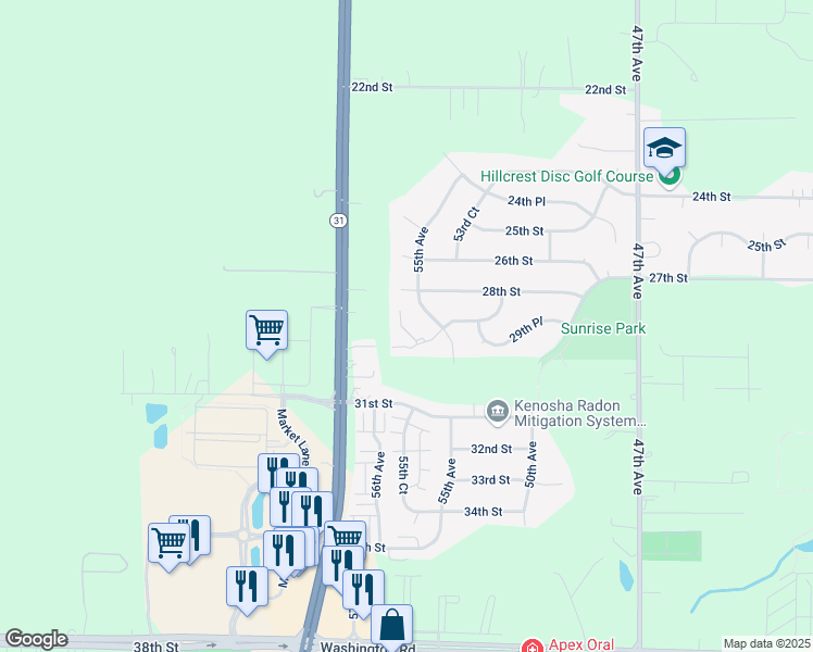 map of restaurants, bars, coffee shops, grocery stores, and more near 2828 55th Avenue in Kenosha
