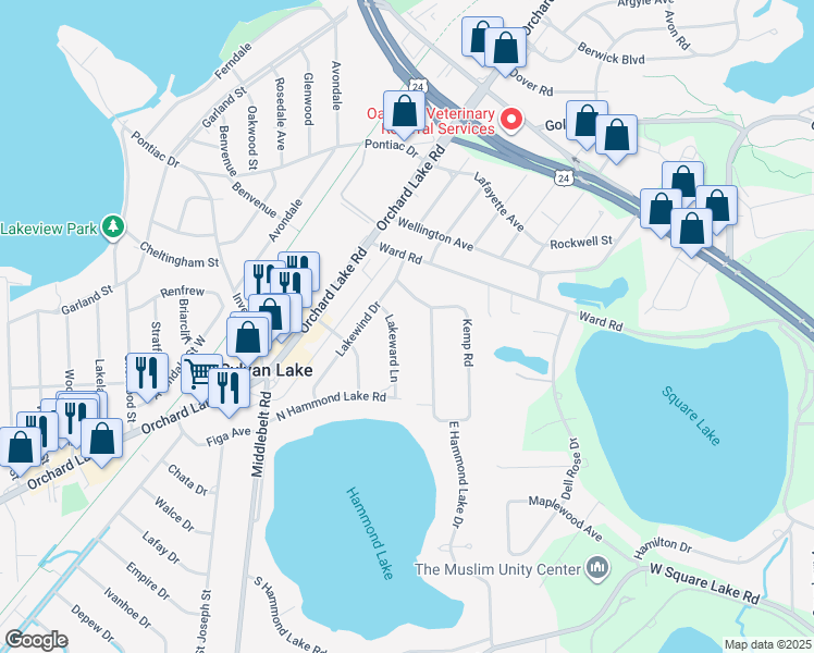 map of restaurants, bars, coffee shops, grocery stores, and more near 1991 Lakeward Lane in Bloomfield Hills