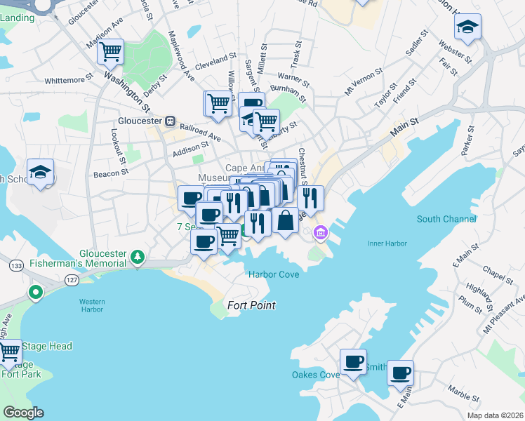 map of restaurants, bars, coffee shops, grocery stores, and more near 68 Rogers Street in Gloucester