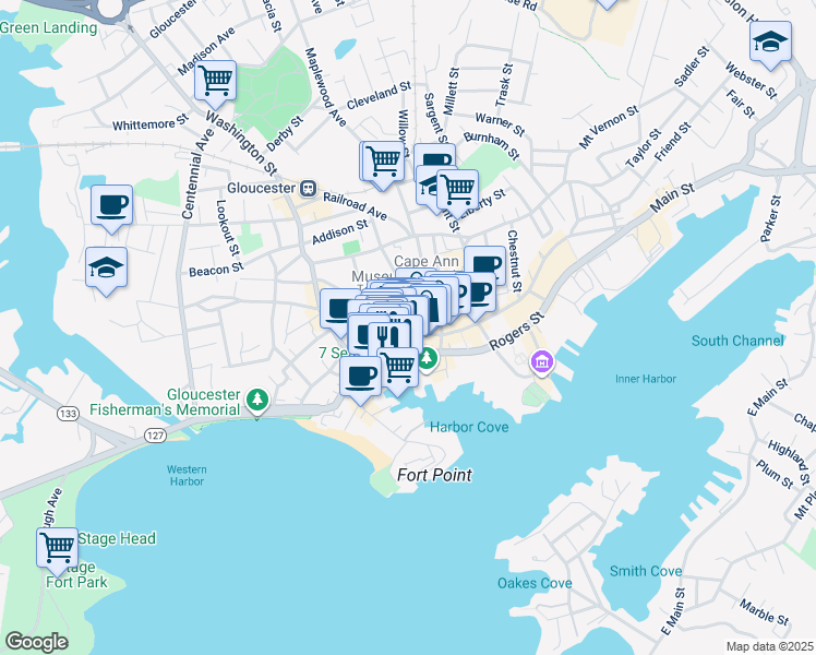 map of restaurants, bars, coffee shops, grocery stores, and more near 51 Main Street in Gloucester