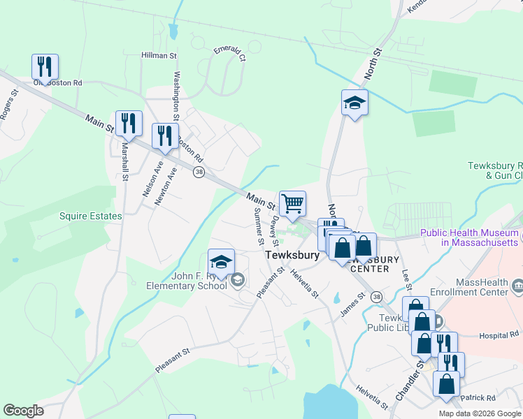 map of restaurants, bars, coffee shops, grocery stores, and more near 957 Main Street in Tewksbury