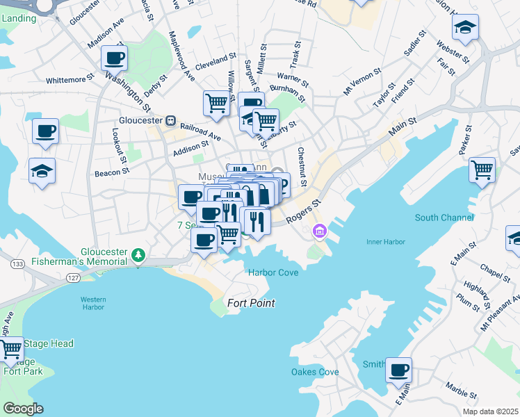 map of restaurants, bars, coffee shops, grocery stores, and more near 140 Main Street in Gloucester