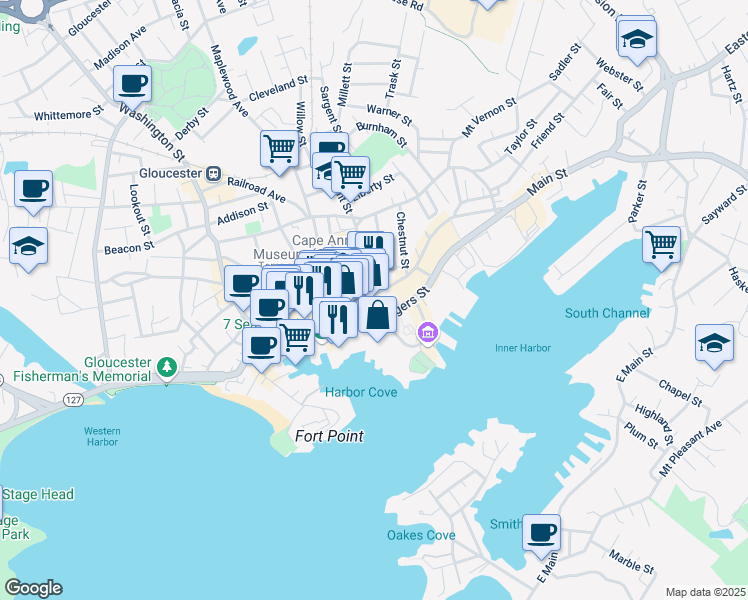 map of restaurants, bars, coffee shops, grocery stores, and more near 68 Rogers Street in Gloucester