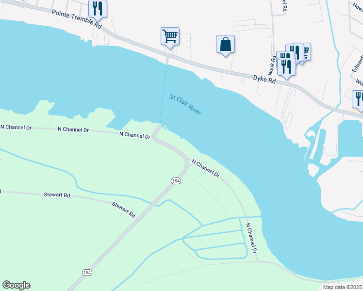 map of restaurants, bars, coffee shops, grocery stores, and more near 1546 North Channel Drive in Harsens Island