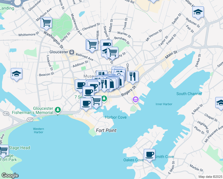 map of restaurants, bars, coffee shops, grocery stores, and more near 154 Main Street in Gloucester