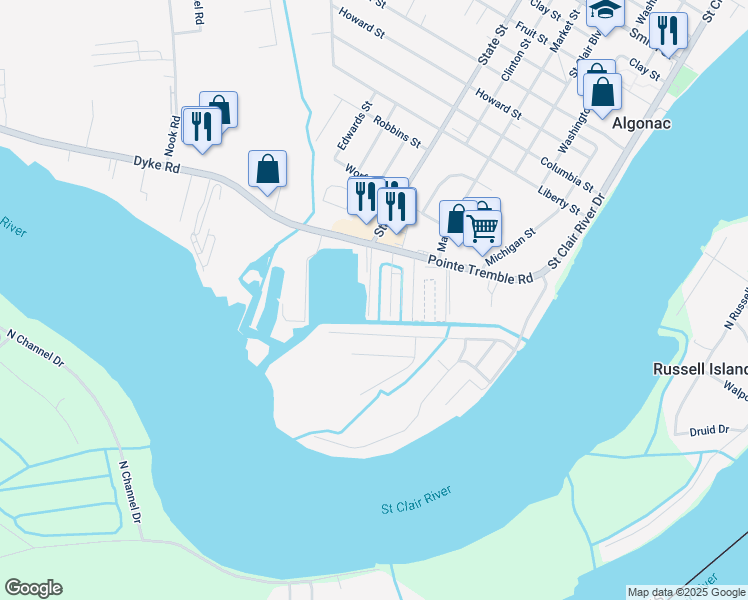 map of restaurants, bars, coffee shops, grocery stores, and more near 139 Island Court in Algonac