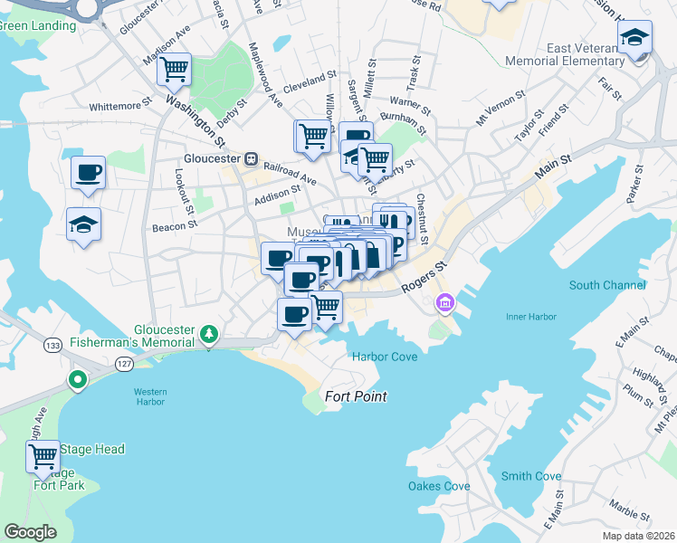 map of restaurants, bars, coffee shops, grocery stores, and more near 140 Main Street in Gloucester