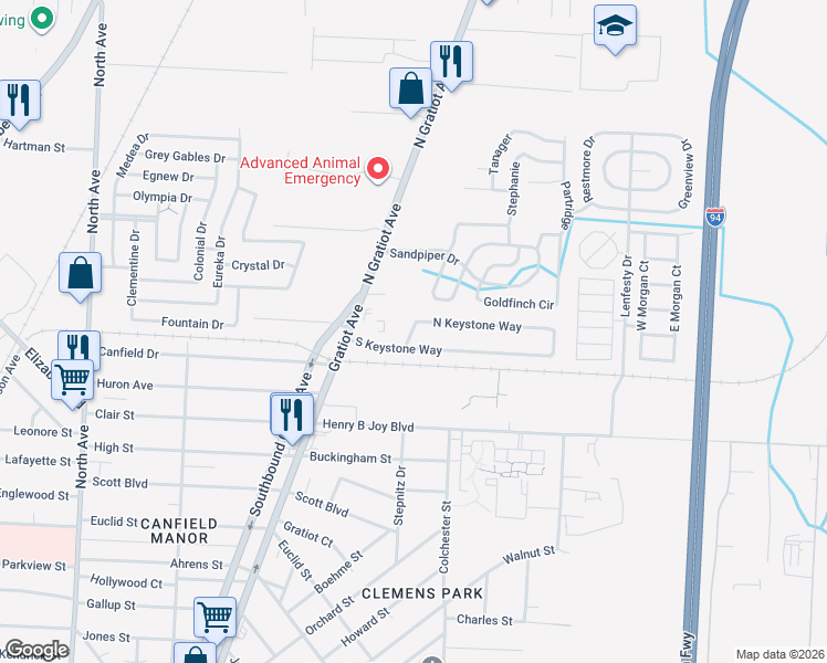 map of restaurants, bars, coffee shops, grocery stores, and more near 43388 North Gratiot Avenue in Charter Township of Clinton