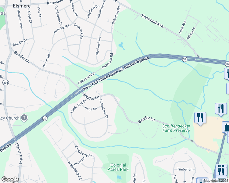 map of restaurants, bars, coffee shops, grocery stores, and more near 193 Bender Lane in Glenmont