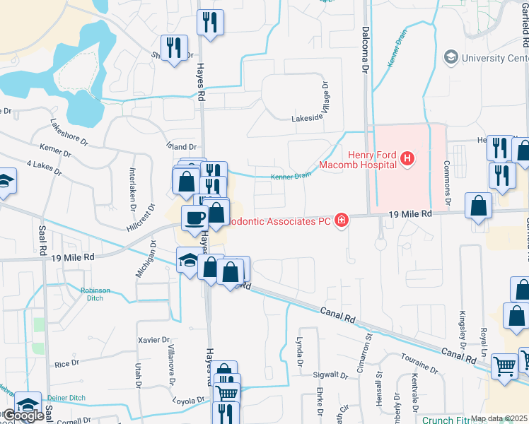 map of restaurants, bars, coffee shops, grocery stores, and more near 16410 Claremont Drive in Charter Township of Clinton