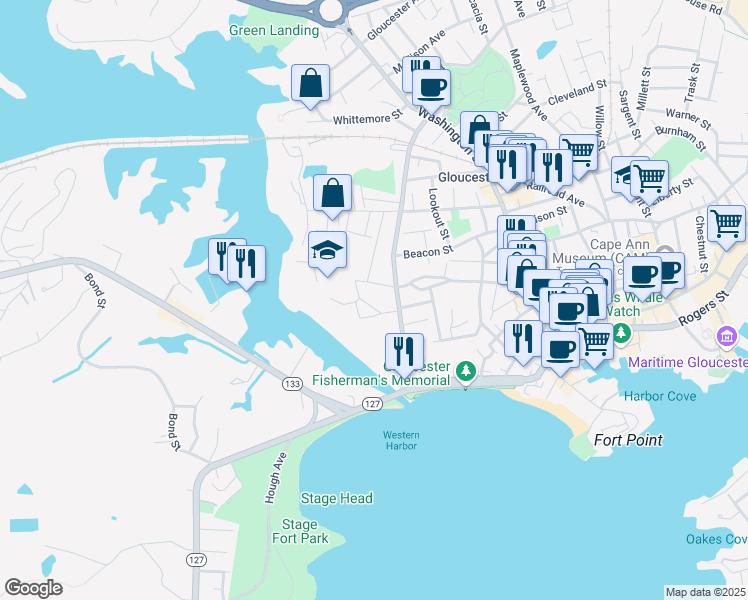 map of restaurants, bars, coffee shops, grocery stores, and more near 29 Blynman Avenue in Gloucester