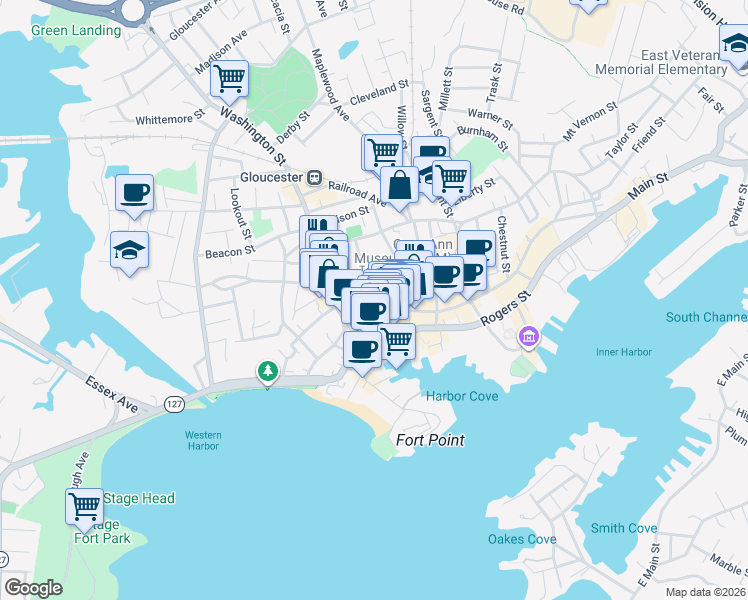 map of restaurants, bars, coffee shops, grocery stores, and more near 3 Church Street in Gloucester