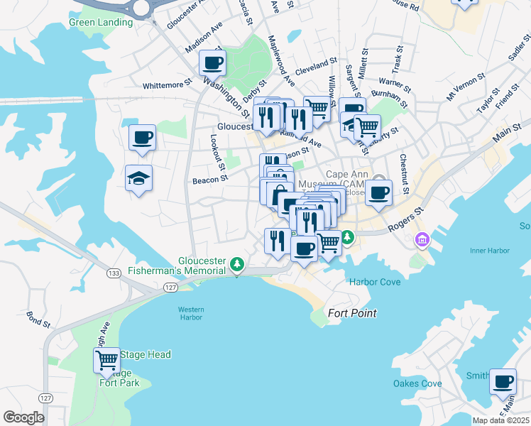 map of restaurants, bars, coffee shops, grocery stores, and more near 48 Washington Street in Gloucester
