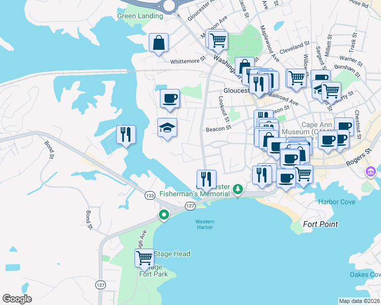 map of restaurants, bars, coffee shops, grocery stores, and more near 29 Blynman Avenue in Gloucester