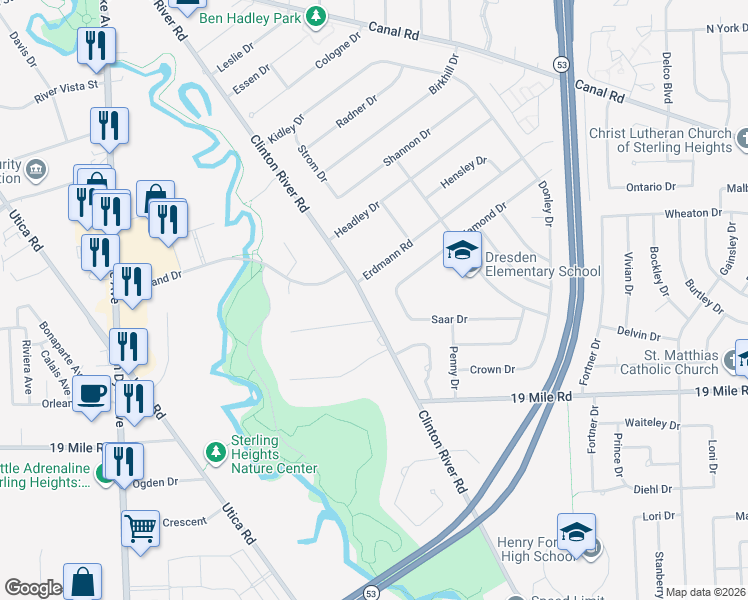 map of restaurants, bars, coffee shops, grocery stores, and more near 11030 Erdmann Road in Sterling Heights