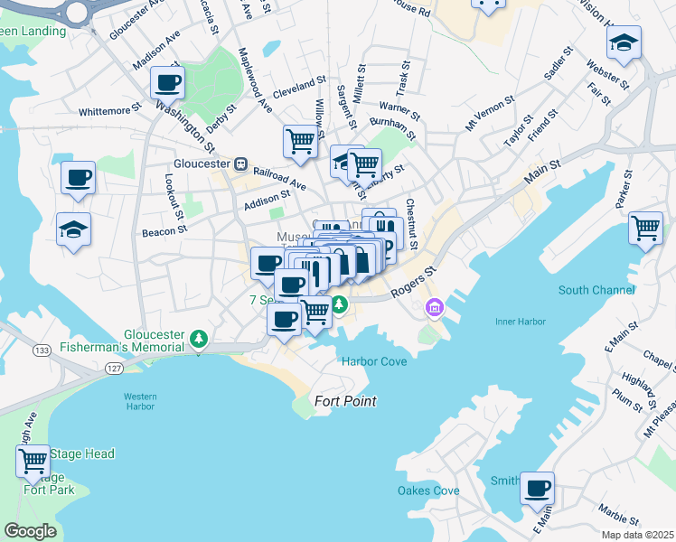 map of restaurants, bars, coffee shops, grocery stores, and more near 140 Main Street in Gloucester