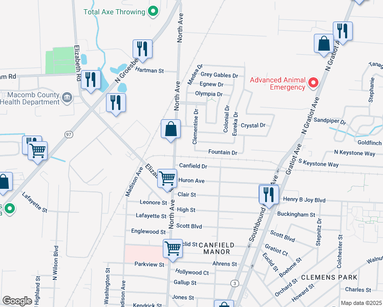 map of restaurants, bars, coffee shops, grocery stores, and more near 43312 Eureka Drive in Clinton Township