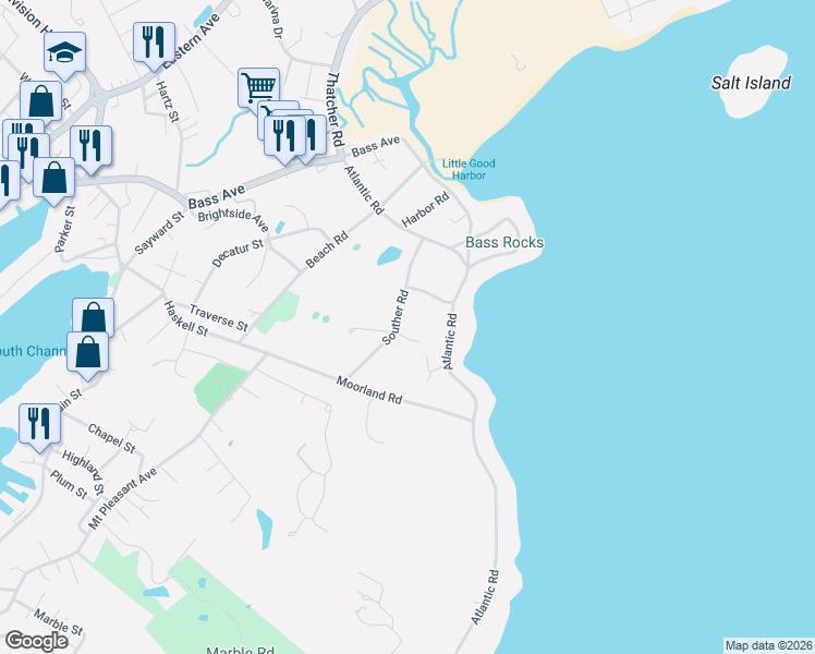 map of restaurants, bars, coffee shops, grocery stores, and more near 15 Brier Road in Gloucester