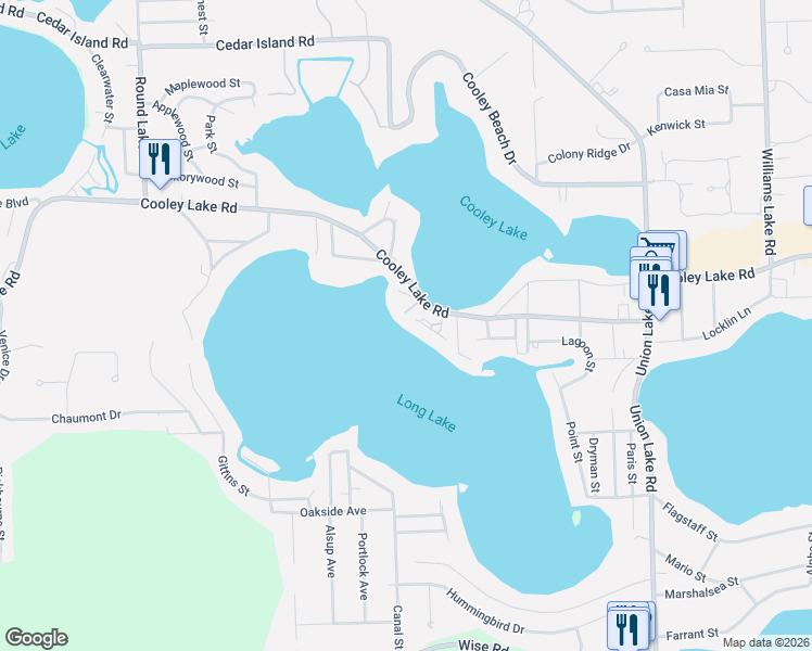 map of restaurants, bars, coffee shops, grocery stores, and more near 8691 Cooley Lake Road in Oakland County
