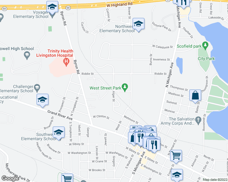map of restaurants, bars, coffee shops, grocery stores, and more near 317 Alger Street in Howell