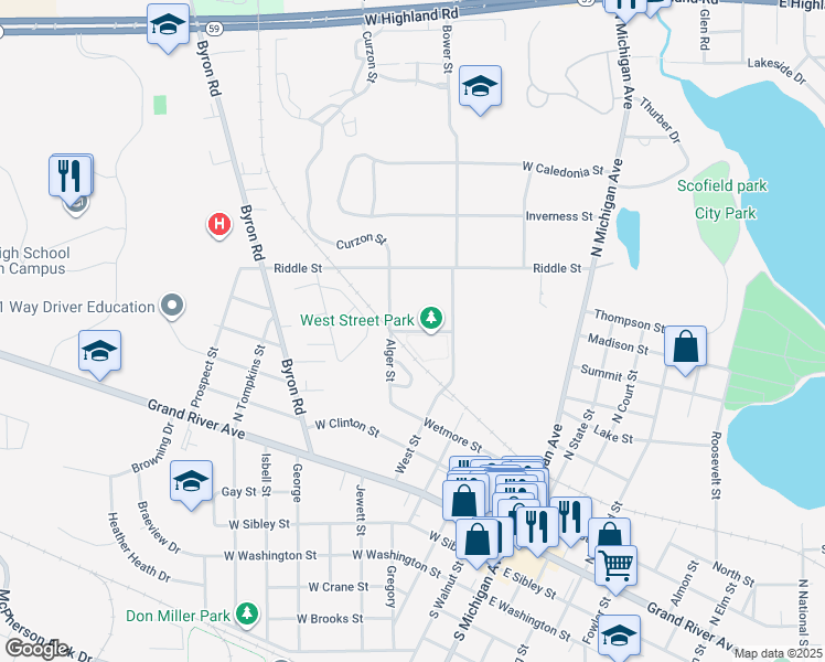 map of restaurants, bars, coffee shops, grocery stores, and more near 610 Factory Street in Howell