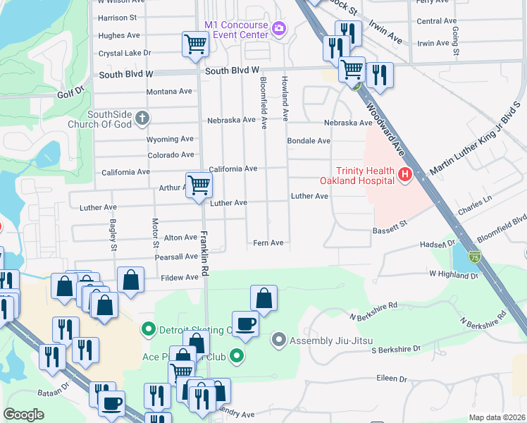 map of restaurants, bars, coffee shops, grocery stores, and more near 576 Bloomfield Avenue in Pontiac