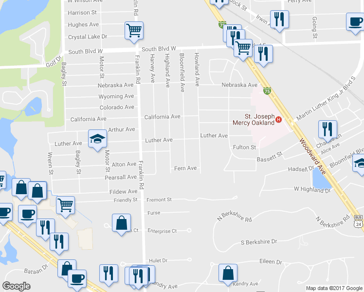 map of restaurants, bars, coffee shops, grocery stores, and more near 596 Bloomfield Avenue in Pontiac