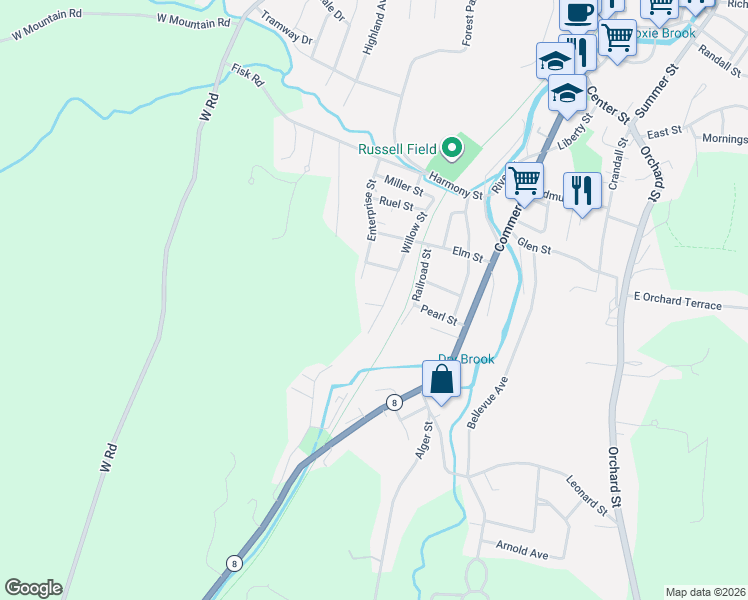 map of restaurants, bars, coffee shops, grocery stores, and more near 45 Enterprise Street in Adams