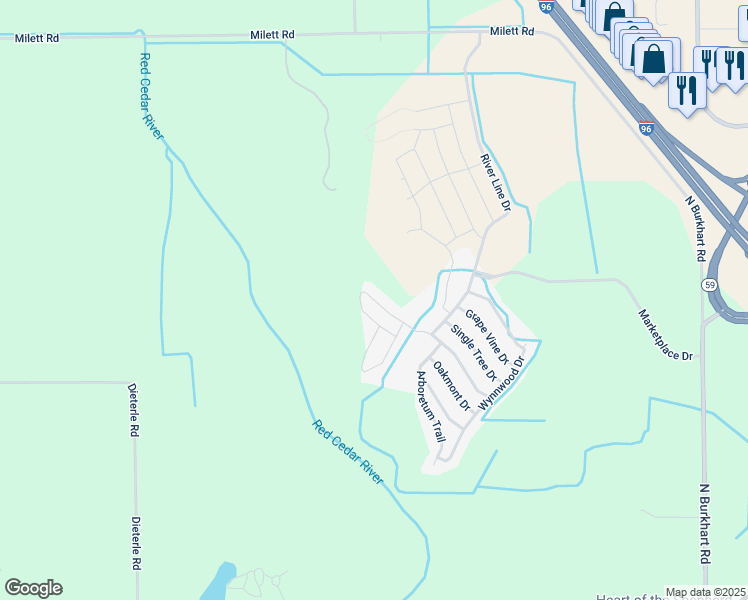 map of restaurants, bars, coffee shops, grocery stores, and more near 5484 Spring Creek Drive in Howell