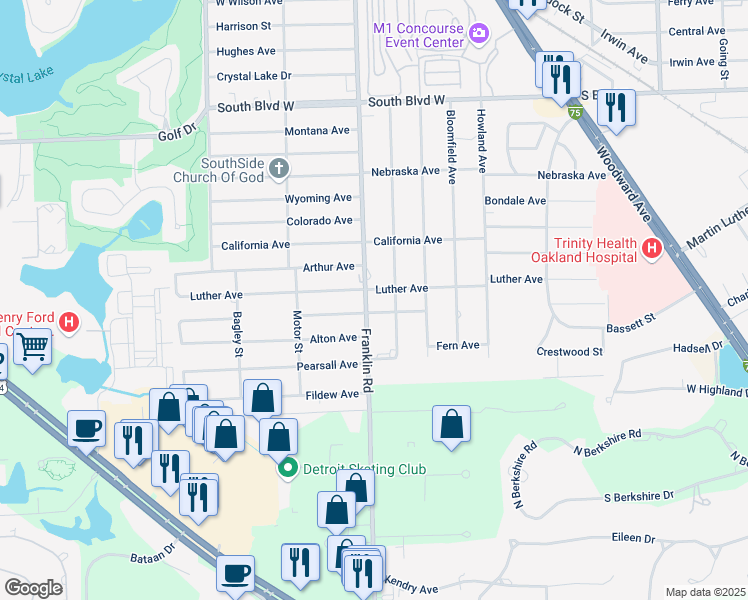 map of restaurants, bars, coffee shops, grocery stores, and more near 567 Franklin Road in Pontiac