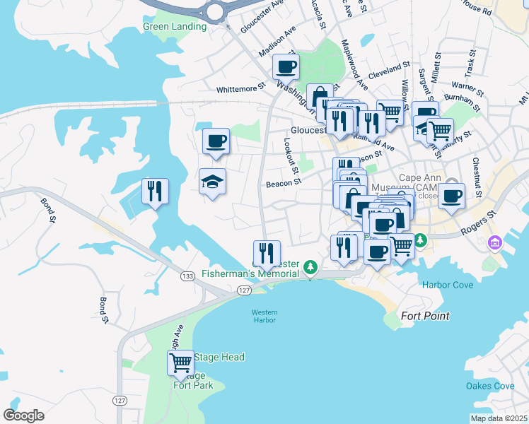 map of restaurants, bars, coffee shops, grocery stores, and more near 15 Blynman Avenue in Gloucester