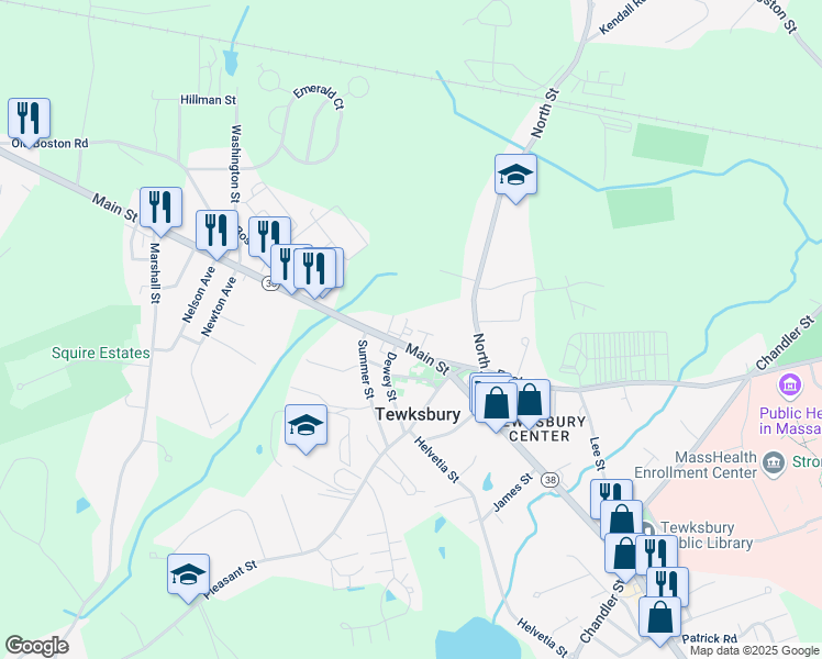 map of restaurants, bars, coffee shops, grocery stores, and more near 940 Main Street in Tewksbury