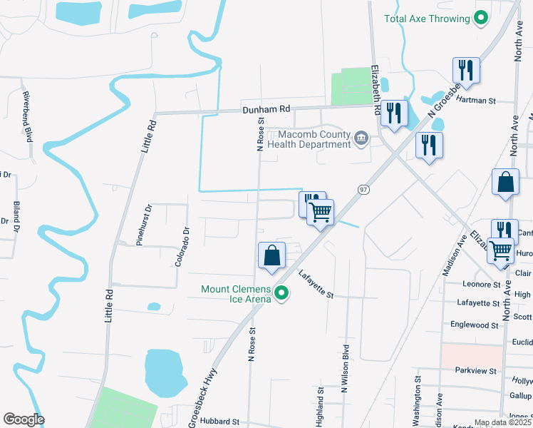 map of restaurants, bars, coffee shops, grocery stores, and more near 221 North Christine Circle in Mount Clemens
