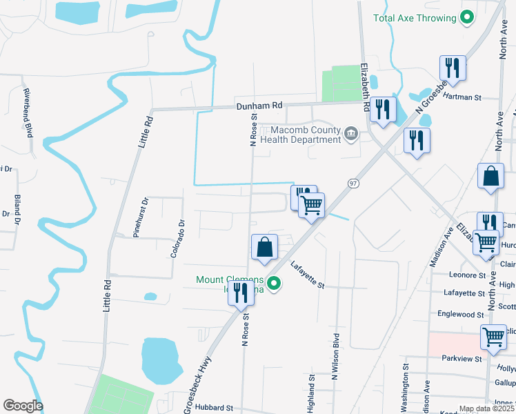 map of restaurants, bars, coffee shops, grocery stores, and more near 221 North Christine Circle in Mount Clemens