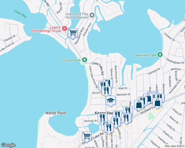 map of restaurants, bars, coffee shops, grocery stores, and more near 1751 Cass Lake Front Road in Keego Harbor