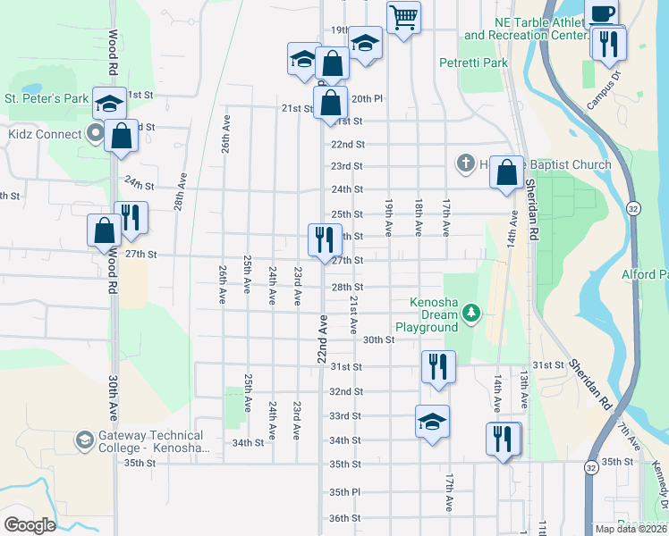 map of restaurants, bars, coffee shops, grocery stores, and more near 2619 22nd Avenue in Kenosha