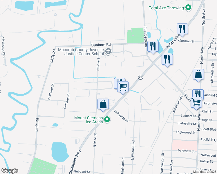 map of restaurants, bars, coffee shops, grocery stores, and more near 187 North Christine Circle in Mount Clemens