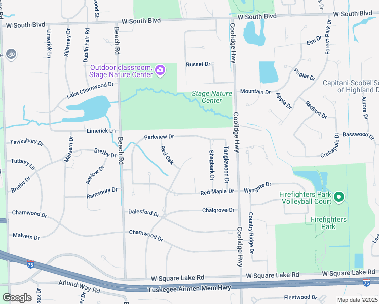 map of restaurants, bars, coffee shops, grocery stores, and more near 6493 Glyndebourne Drive in Troy