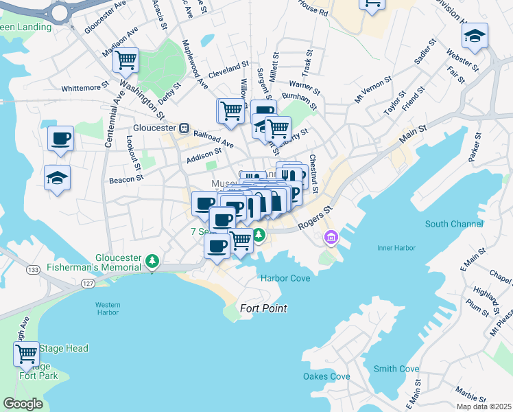 map of restaurants, bars, coffee shops, grocery stores, and more near 67 Middle Street in Gloucester