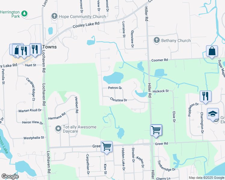 map of restaurants, bars, coffee shops, grocery stores, and more near 1718 Janet Drive in West Bloomfield Township