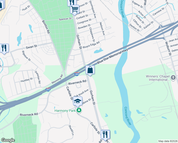 map of restaurants, bars, coffee shops, grocery stores, and more near 14 Massachusetts 3A in Chelmsford